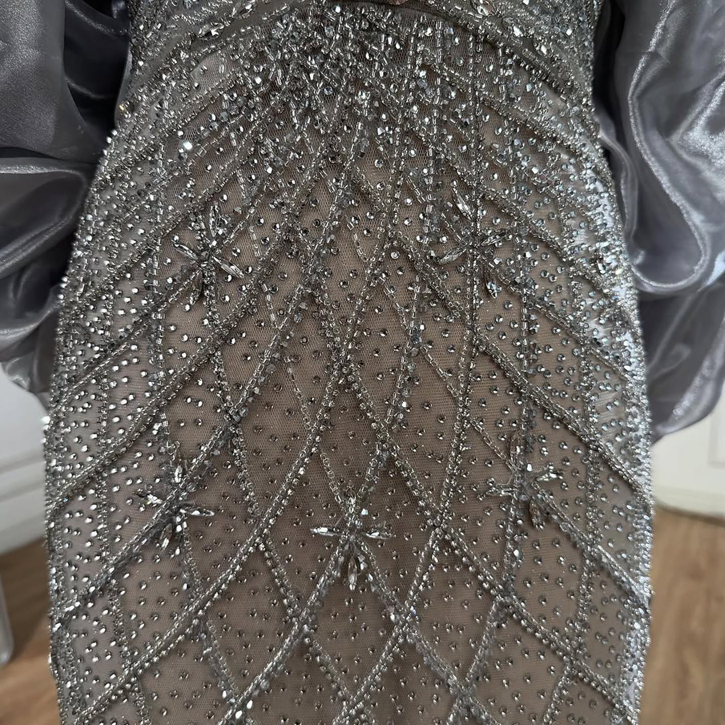 Serene Hill Beaded Gray Diamond Evening Dress With Cape LA73411