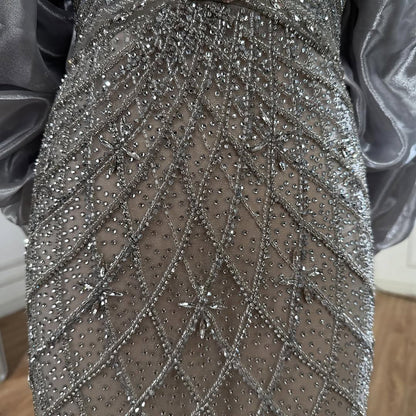 Serene Hill Beaded Gray Diamond Evening Dress With Cape LA73411