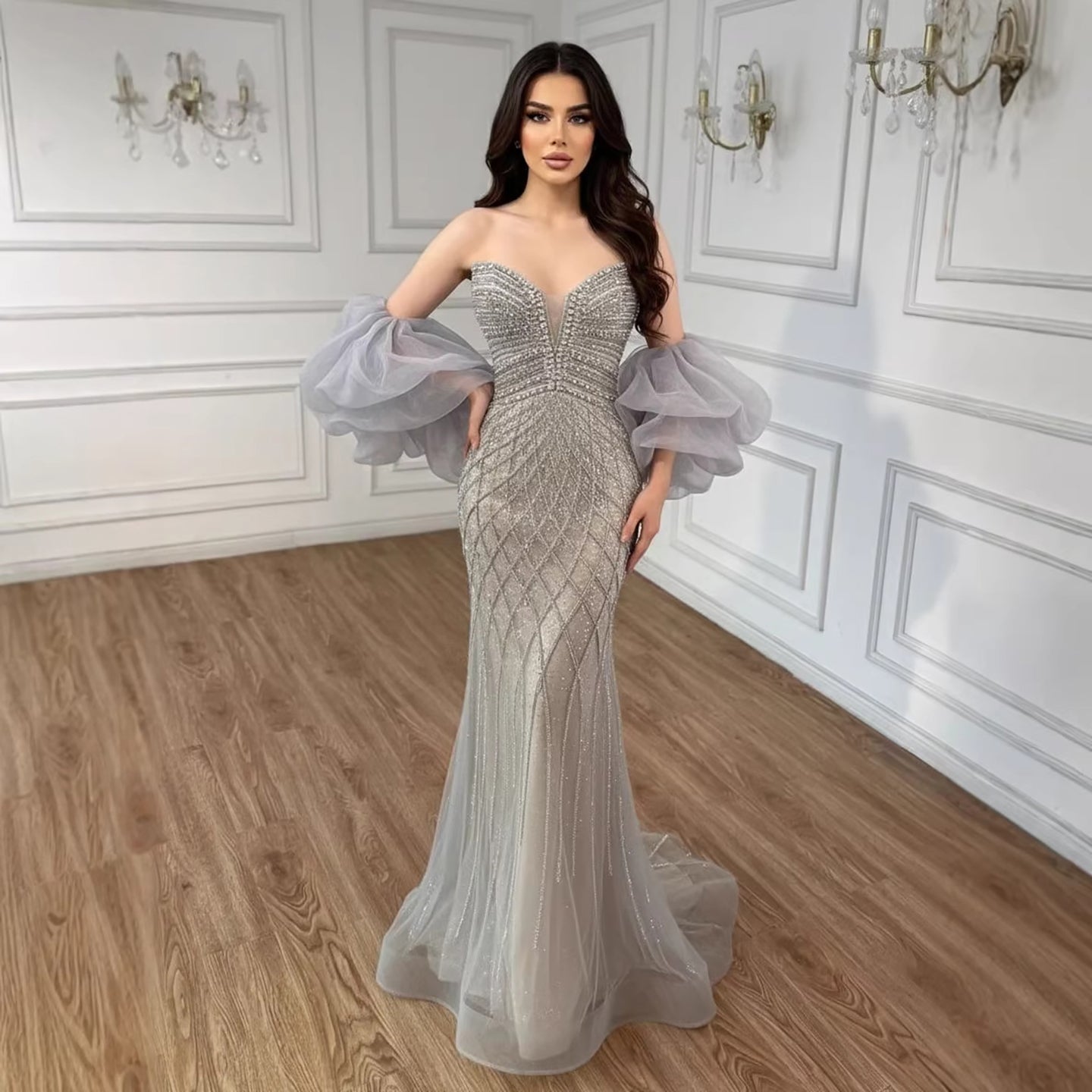 Serene Hill Beaded Gray Diamond Evening Dress With Cape LA73411