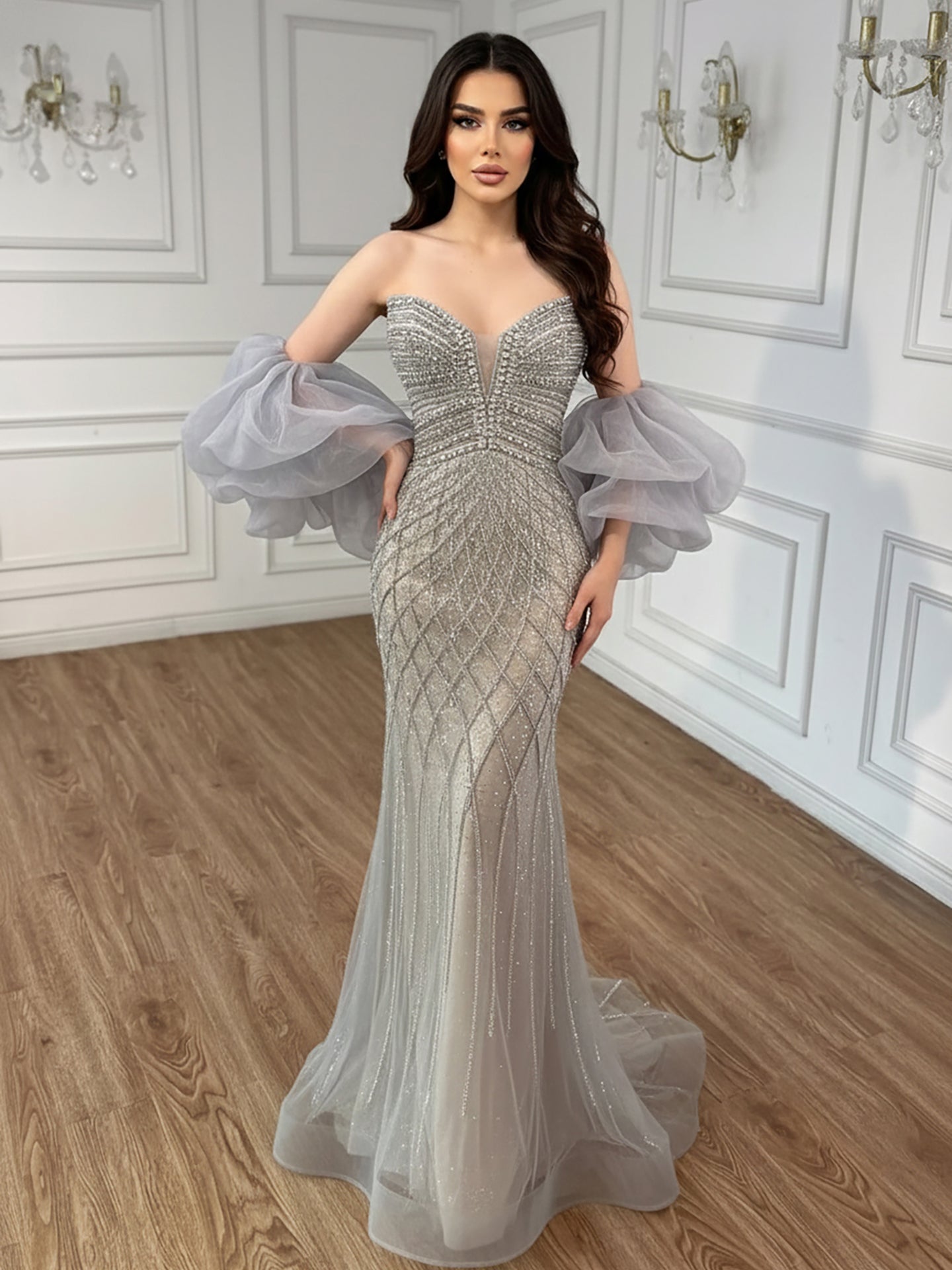 Serene Hill Beaded Gray Diamond Evening Dress With Cape LA73411