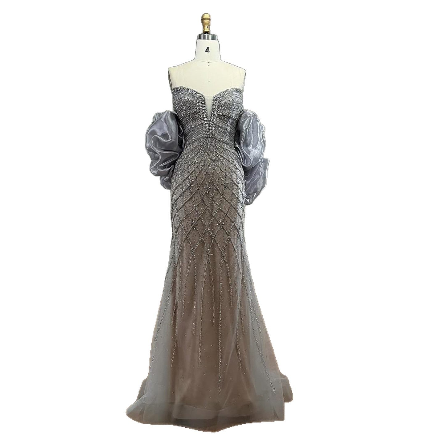 Serene Hill Beaded Gray Diamond Evening Dress With Cape LA73411