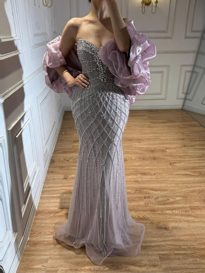 Serene Hill Beaded Gray Diamond Evening Dress With Cape LA73411