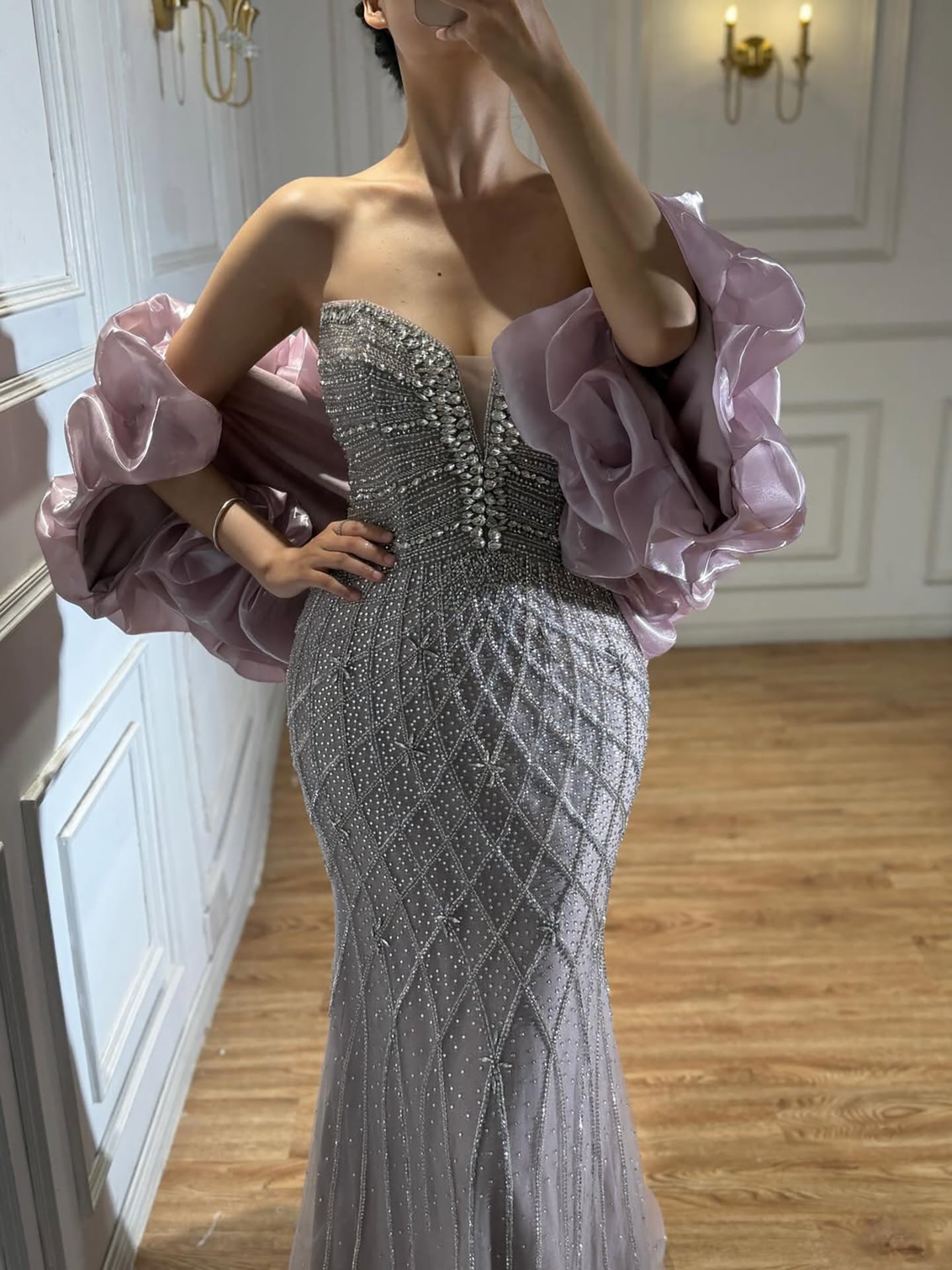 Serene Hill Beaded Gray Diamond Evening Dress With Cape LA73411