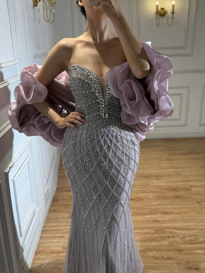 Serene Hill Beaded Gray Diamond Evening Dress With Cape LA73411