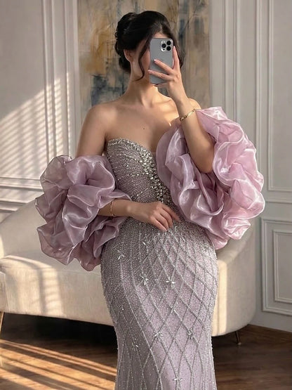 Serene Hill Beaded Gray Diamond Evening Dress With Cape LA73411