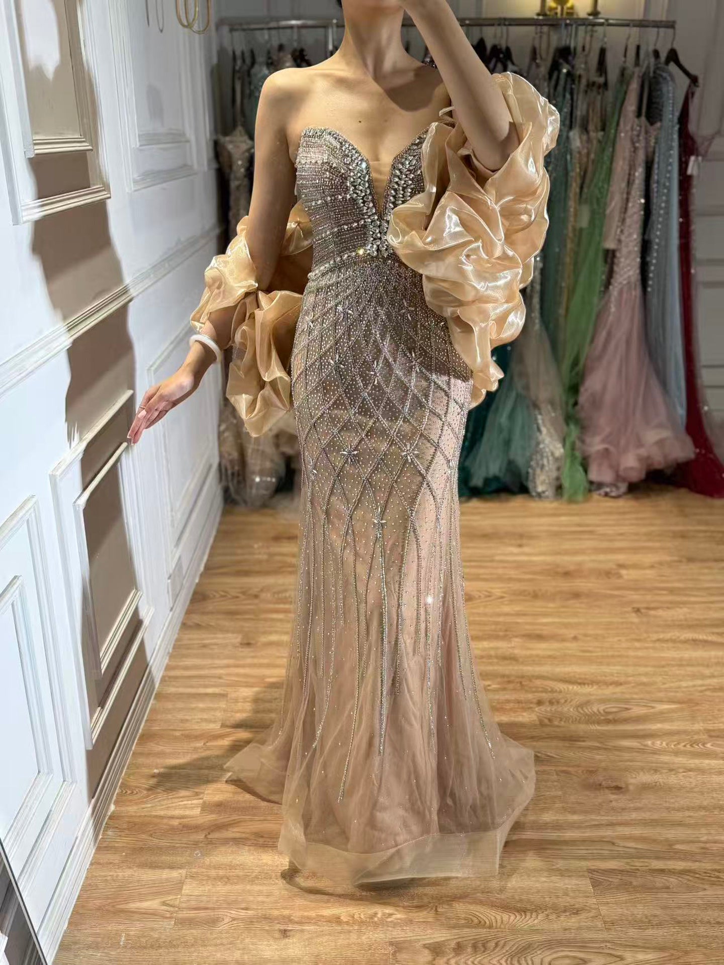 Serene Hill Beaded Gray Diamond Evening Dress With Cape LA73411