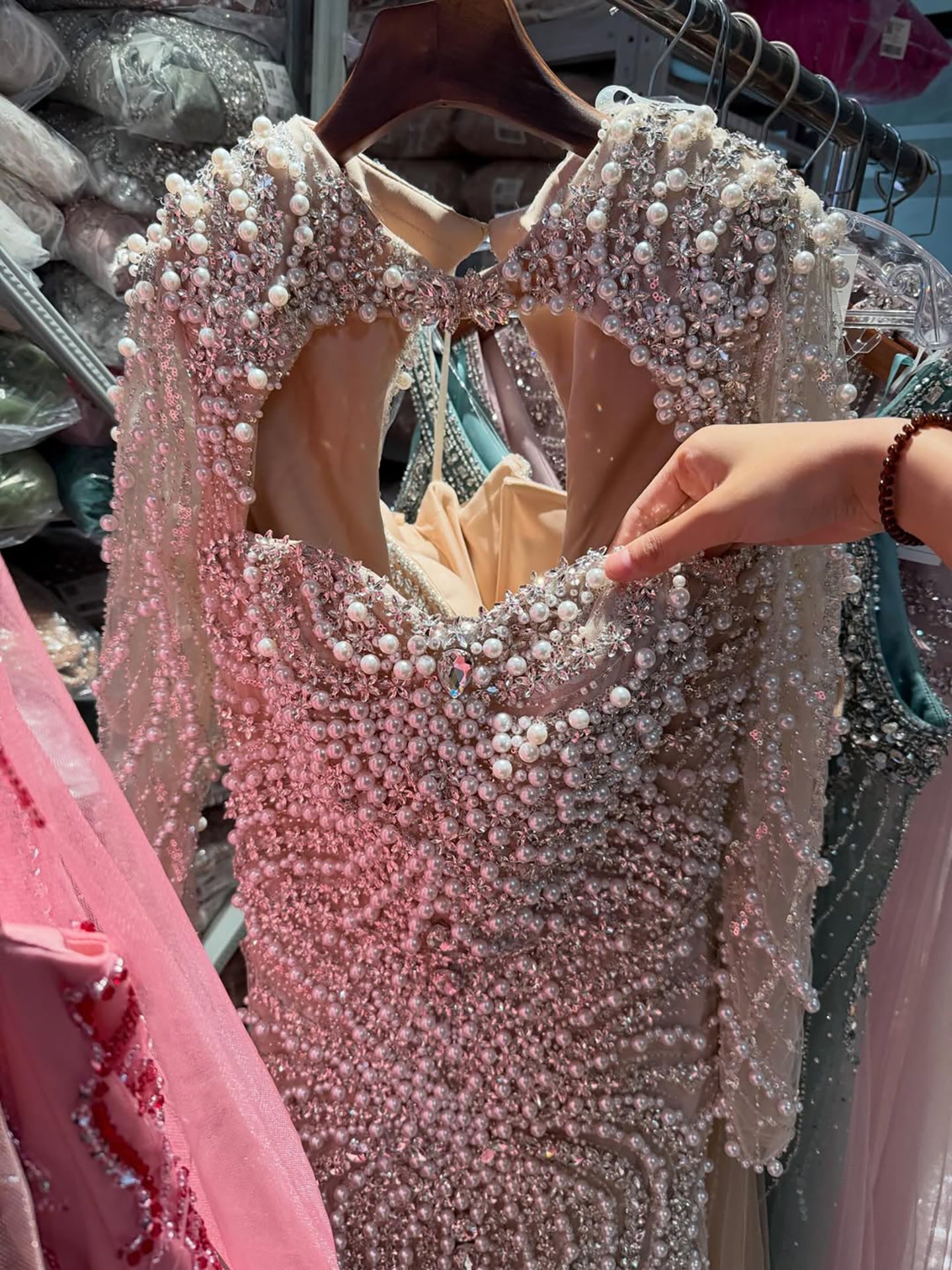 Luxury Nude Crystal Beaded Long Sleeve Mermaid Evening Dress LA73412