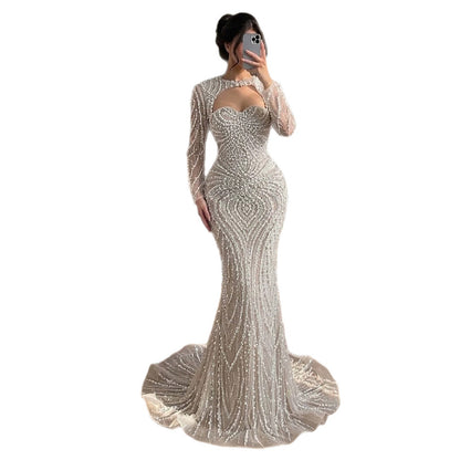 Luxury Nude Crystal Beaded Long Sleeve Mermaid Evening Dress LA73412