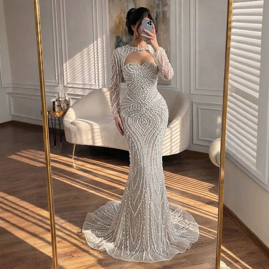 Luxury Nude Crystal Beaded Long Sleeve Mermaid Evening Dress LA73412