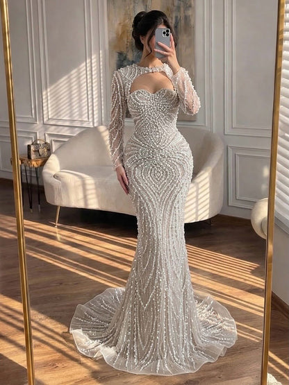 Luxury Nude Crystal Beaded Long Sleeve Mermaid Evening Dress LA73412