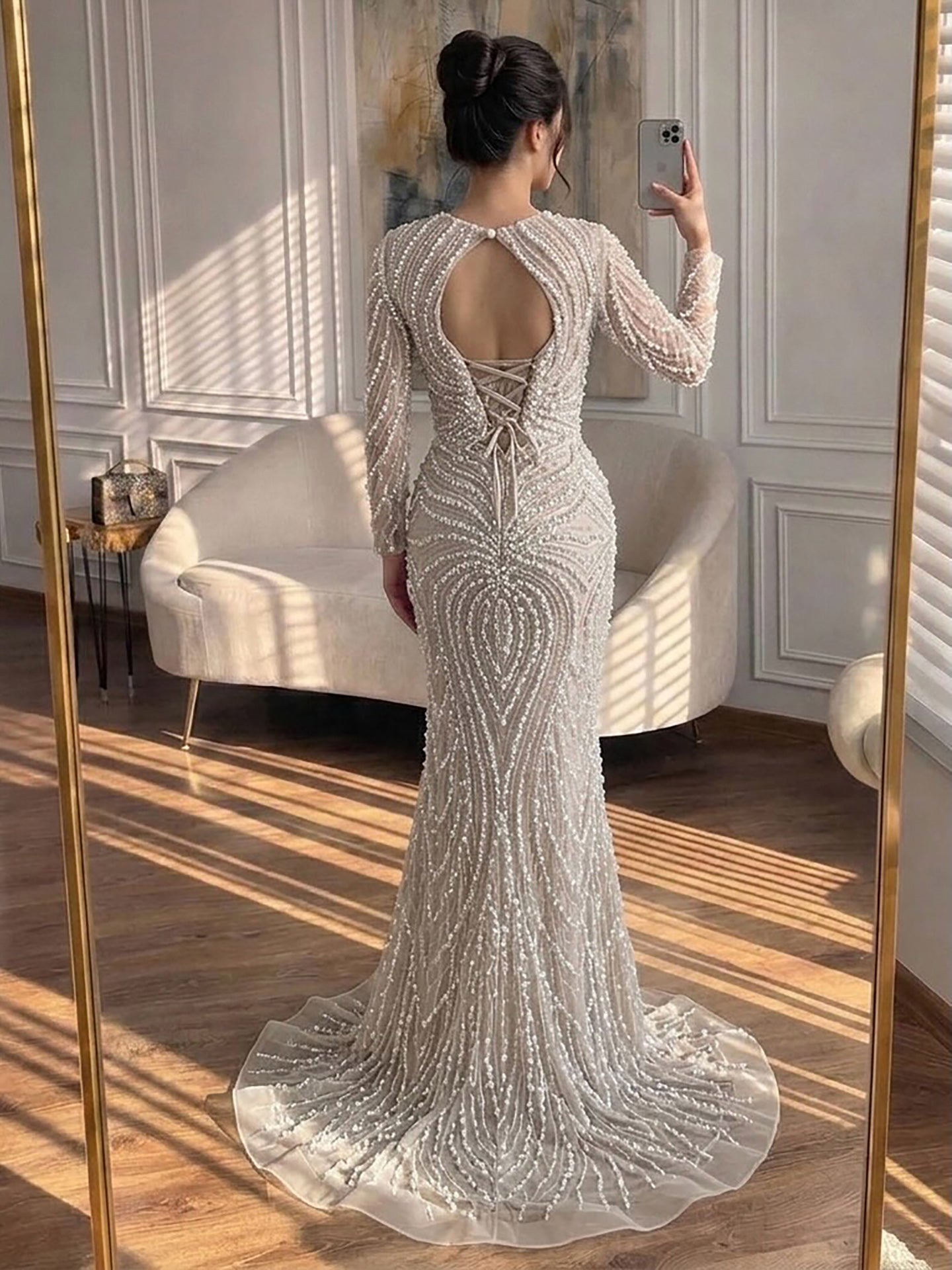 Luxury Nude Crystal Beaded Long Sleeve Mermaid Evening Dress LA73412