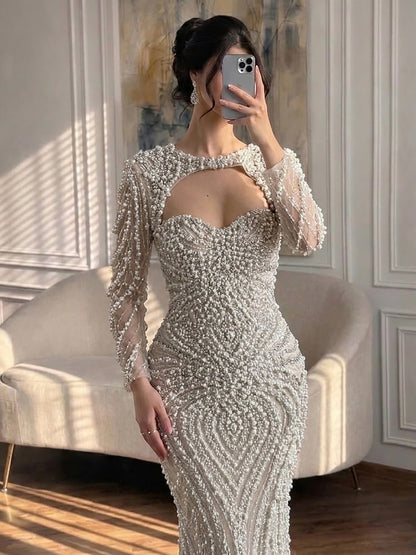 Luxury Nude Crystal Beaded Long Sleeve Mermaid Evening Dress LA73412