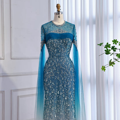 Luxury Arabic Gradient Green Mermaid Evening Dress With Cape LA73414