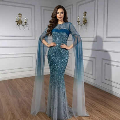 Luxury Arabic Gradient Green Mermaid Evening Dress With Cape LA73414