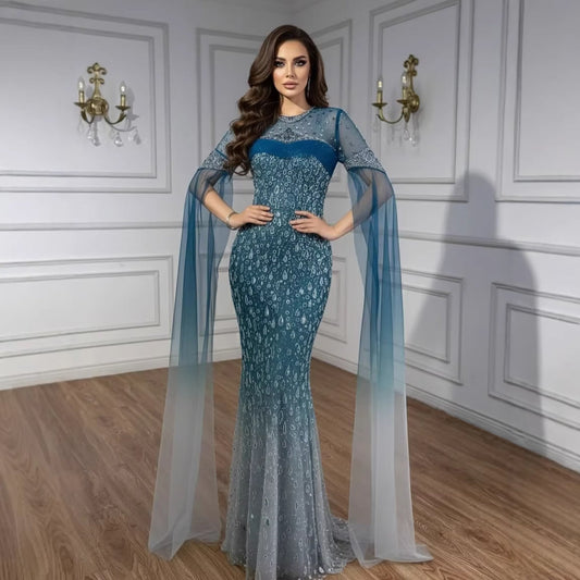Luxury Arabic Gradient Green Mermaid Evening Dress With Cape LA73414
