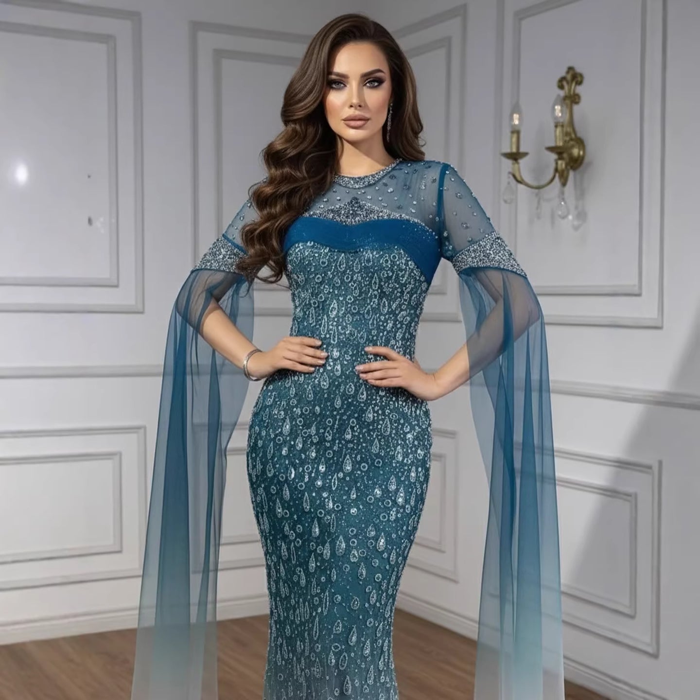 Luxury Arabic Gradient Green Mermaid Evening Dress With Cape LA73414