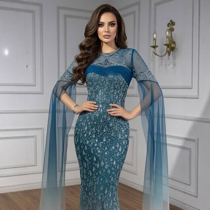 Luxury Arabic Gradient Green Mermaid Evening Dress With Cape LA73414