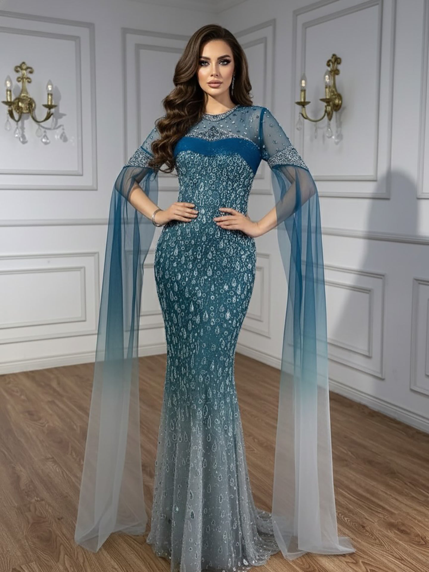 Luxury Arabic Gradient Green Mermaid Evening Dress With Cape LA73414