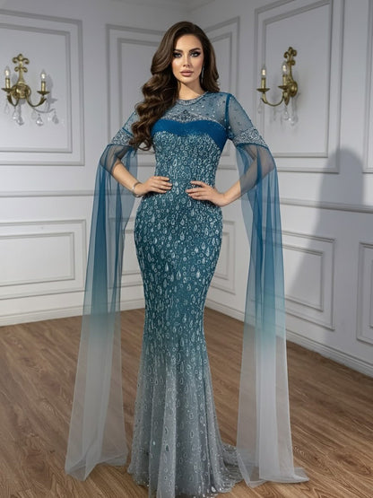 Luxury Arabic Gradient Green Mermaid Evening Dress With Cape LA73414