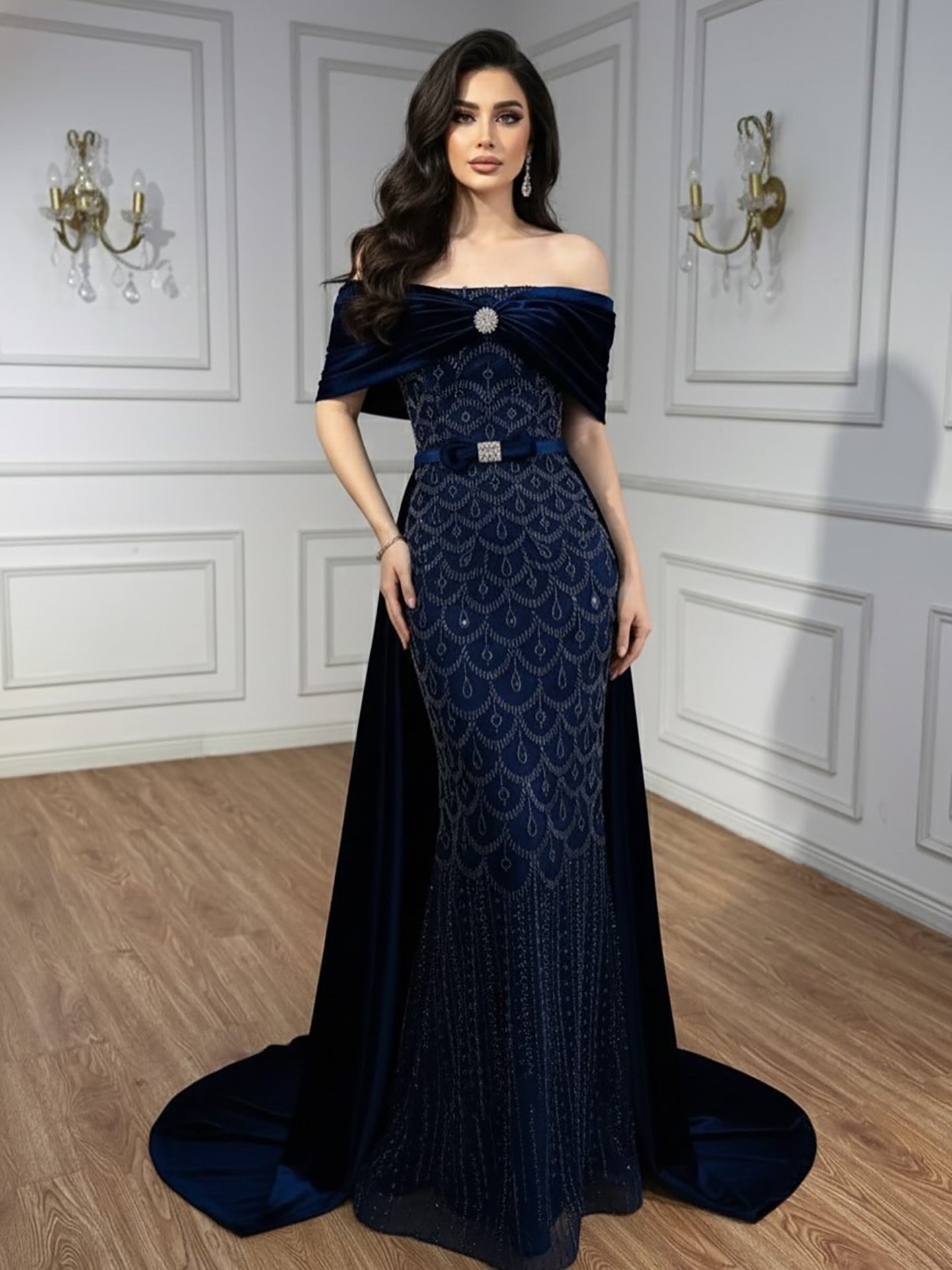 Luxury Arabic Navy Blue Evening Dress LA73416