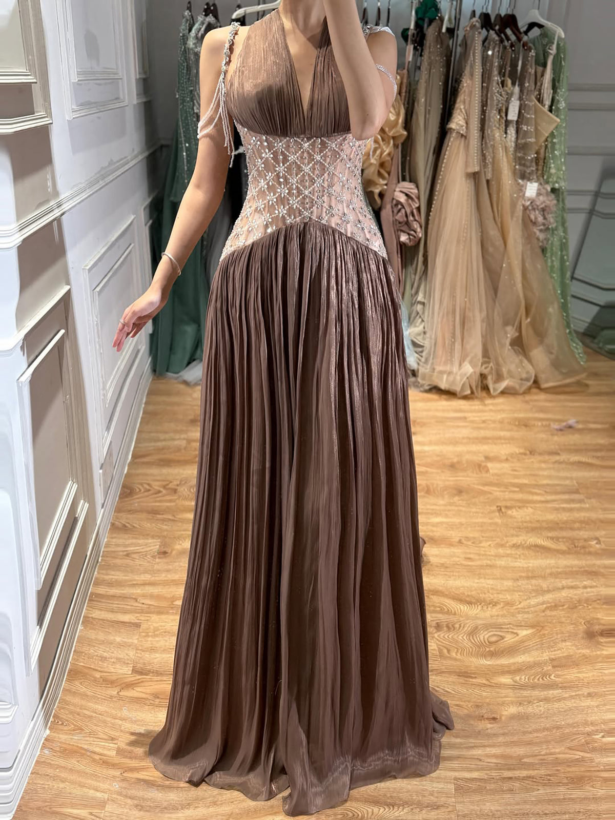 Luxury Turquoise Crystal Beaded A-Line Evening Dress LA73421