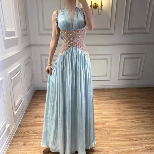 Luxury Turquoise Crystal Beaded A-Line Evening Dress LA73421