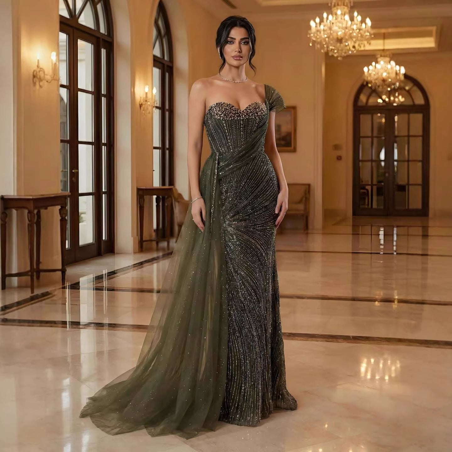 Luxury Blue Crystal Beaded One Shoulder Mermaid Evening Dress LA73425