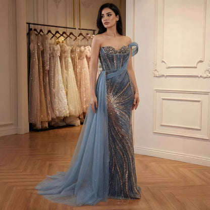 Luxury Blue Crystal Beaded One Shoulder Mermaid Evening Dress LA73425