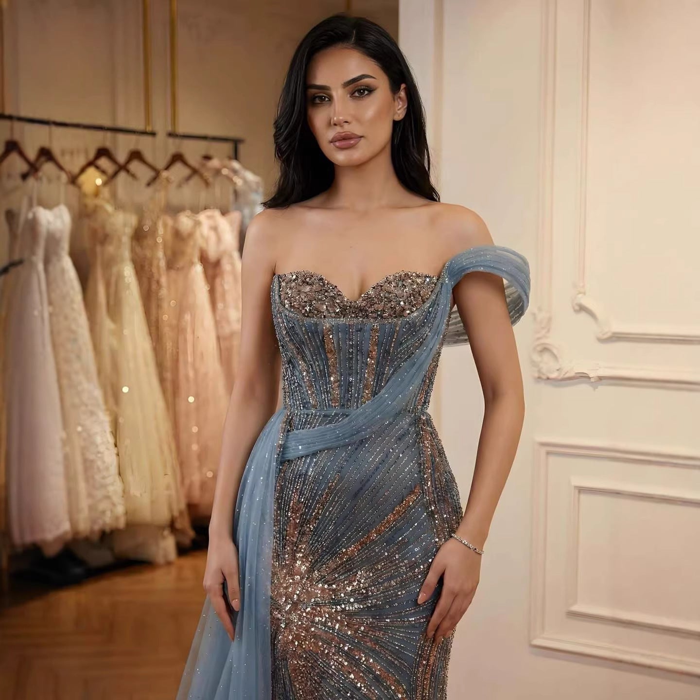 Luxury Blue Crystal Beaded One Shoulder Mermaid Evening Dress LA73425