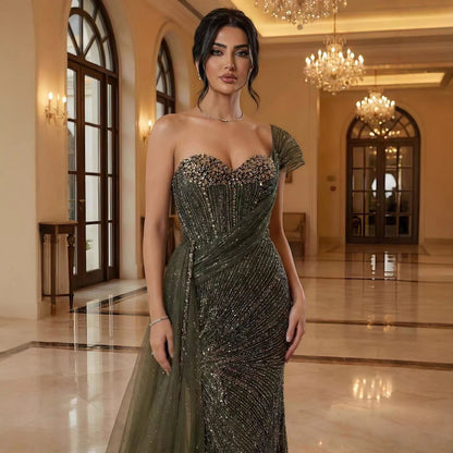 Luxury Blue Crystal Beaded One Shoulder Mermaid Evening Dress LA73425