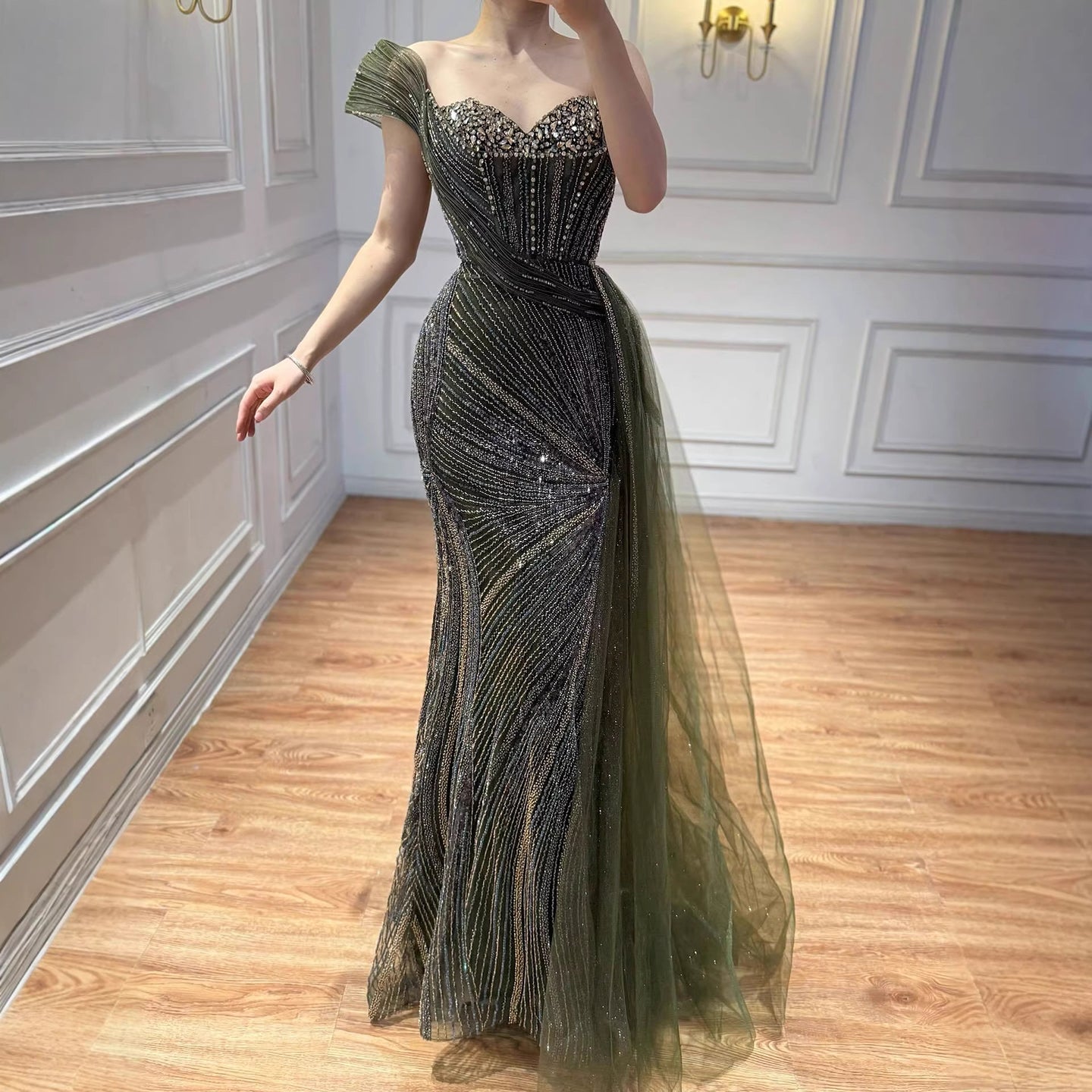 Luxury Blue Crystal Beaded One Shoulder Mermaid Evening Dress LA73425
