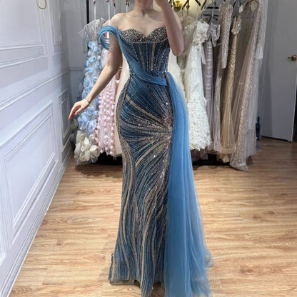 Luxury Blue Crystal Beaded One Shoulder Mermaid Evening Dress LA73425