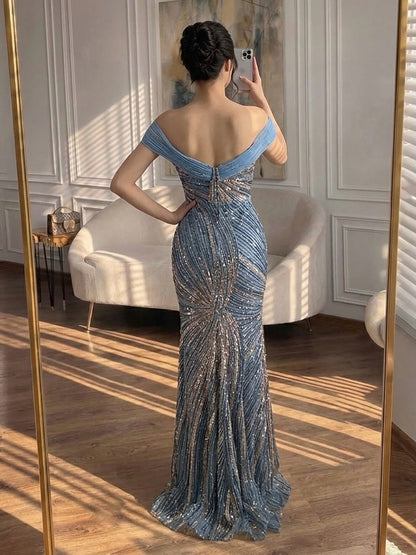 Luxury Blue Beaded Mermaid Evening Dress LA73425A