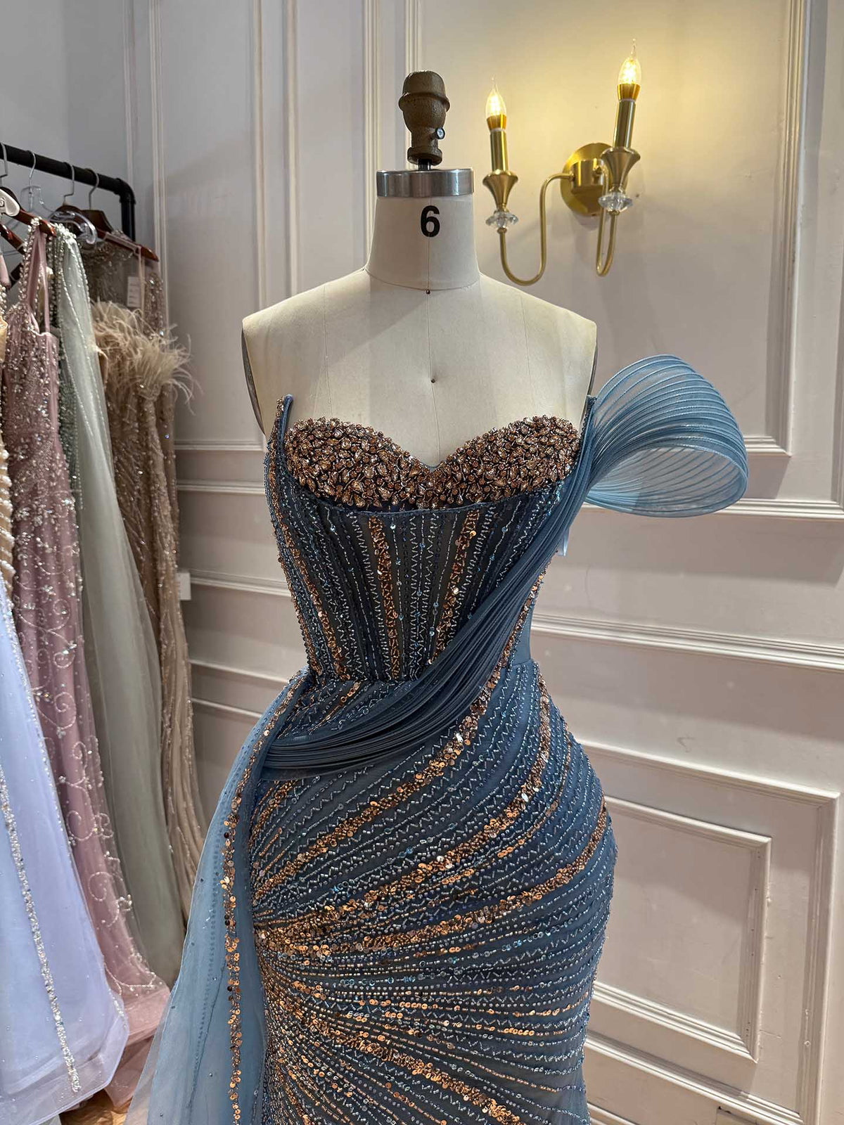 Luxury Nude Beaded Mermaid Evening Dress With Overskirt LA73425B