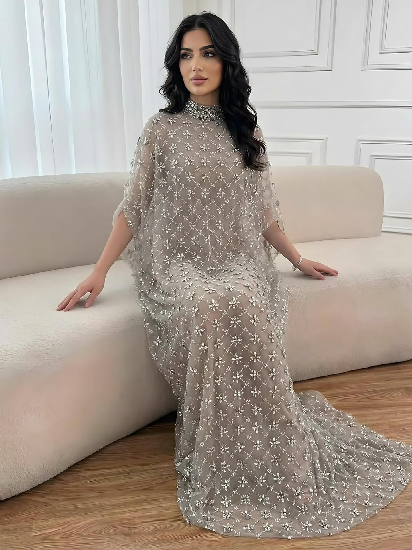 Serene Hill Grey Nude Jasmiko Diamond Beaded Evening Dress LA73428