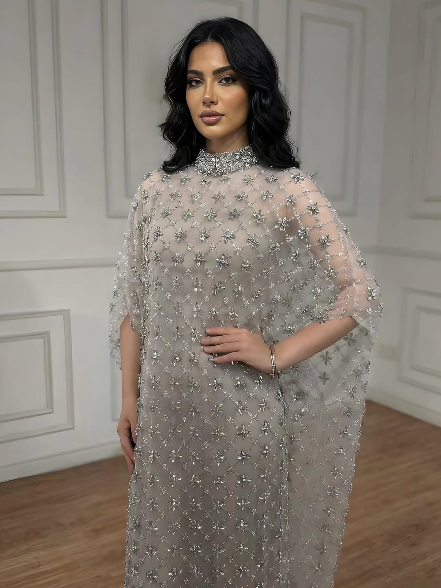 Serene Hill Grey Nude Jasmiko Diamond Beaded Evening Dress LA73428