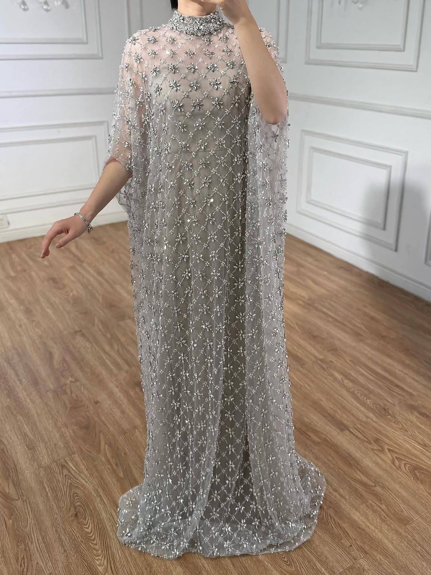 Serene Hill Grey Nude Jasmiko Diamond Beaded Evening Dress LA73428