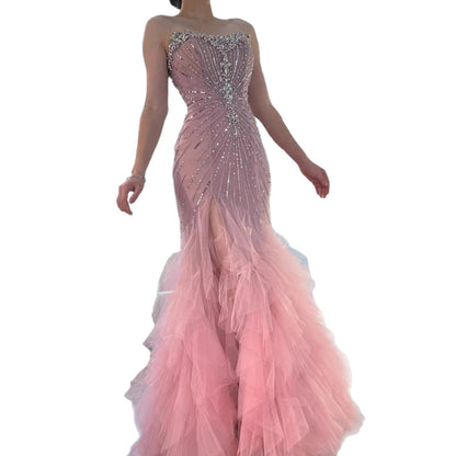 Luxury Pink Strapless Beaded Mermaid Evening Dress LA73430