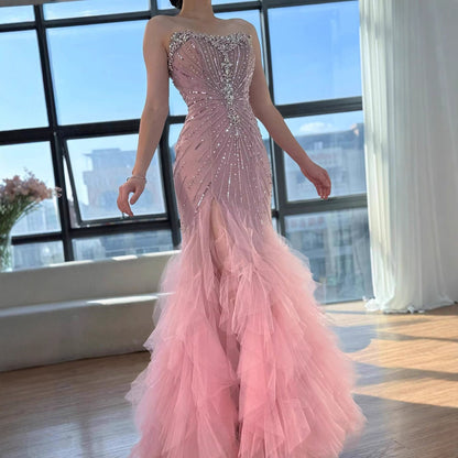 Luxury Pink Strapless Beaded Mermaid Evening Dress LA73430