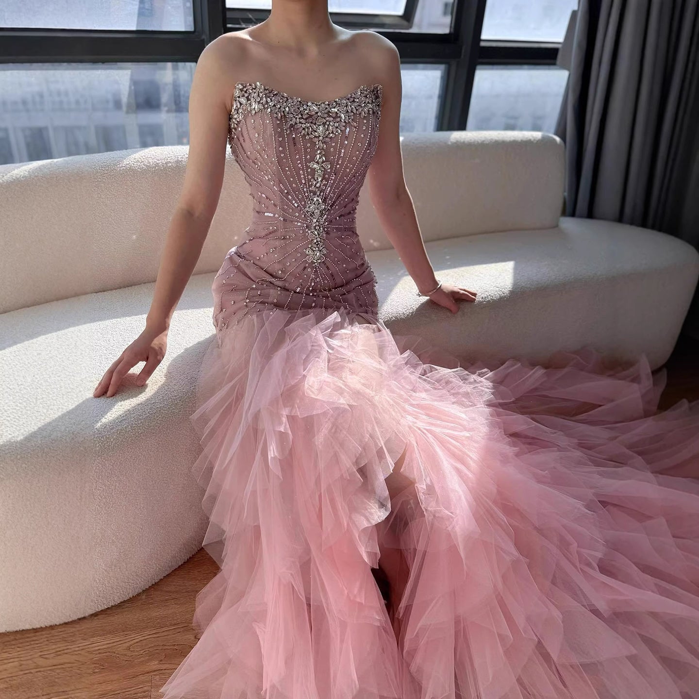 Luxury Pink Strapless Beaded Mermaid Evening Dress LA73430