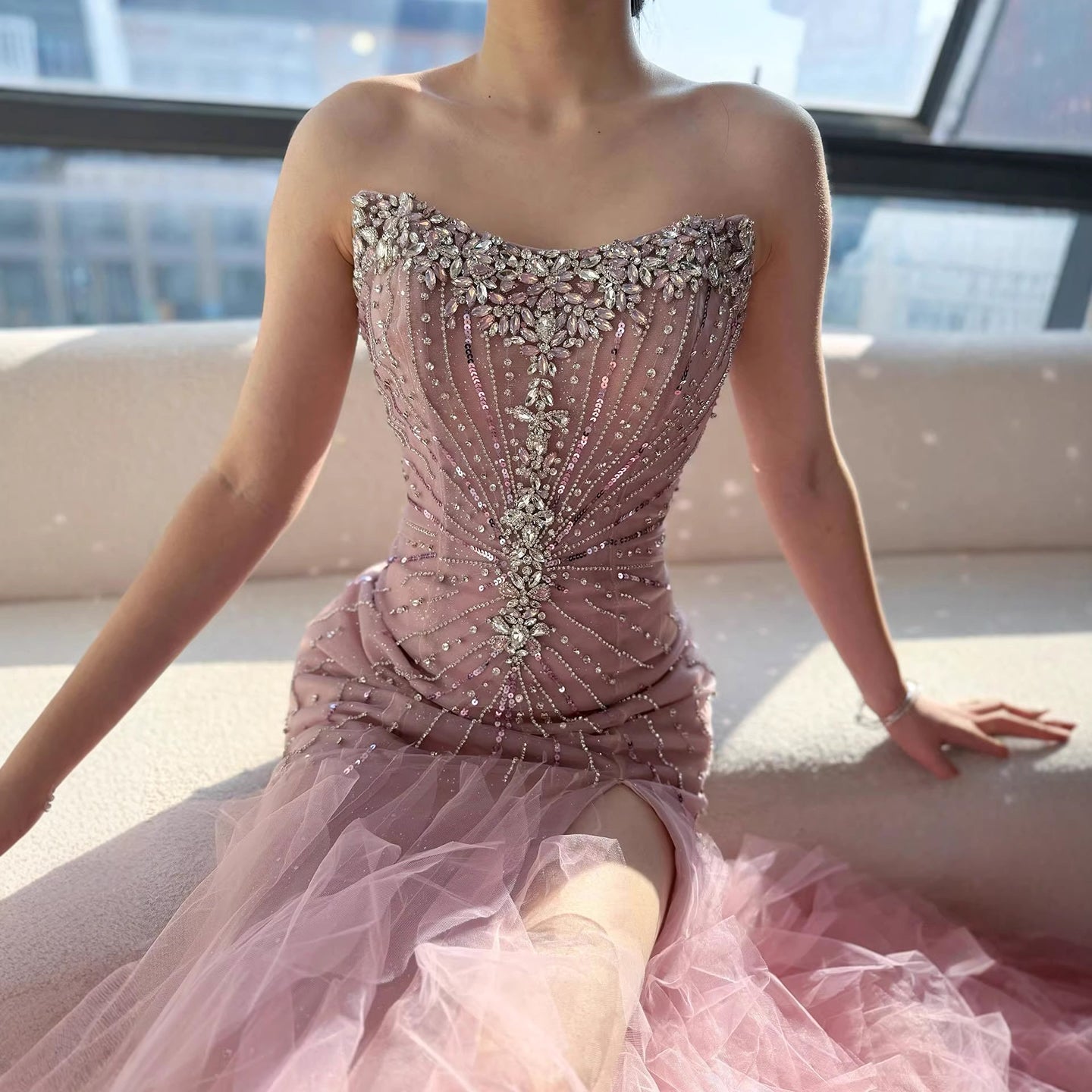Luxury Pink Strapless Beaded Mermaid Evening Dress LA73430