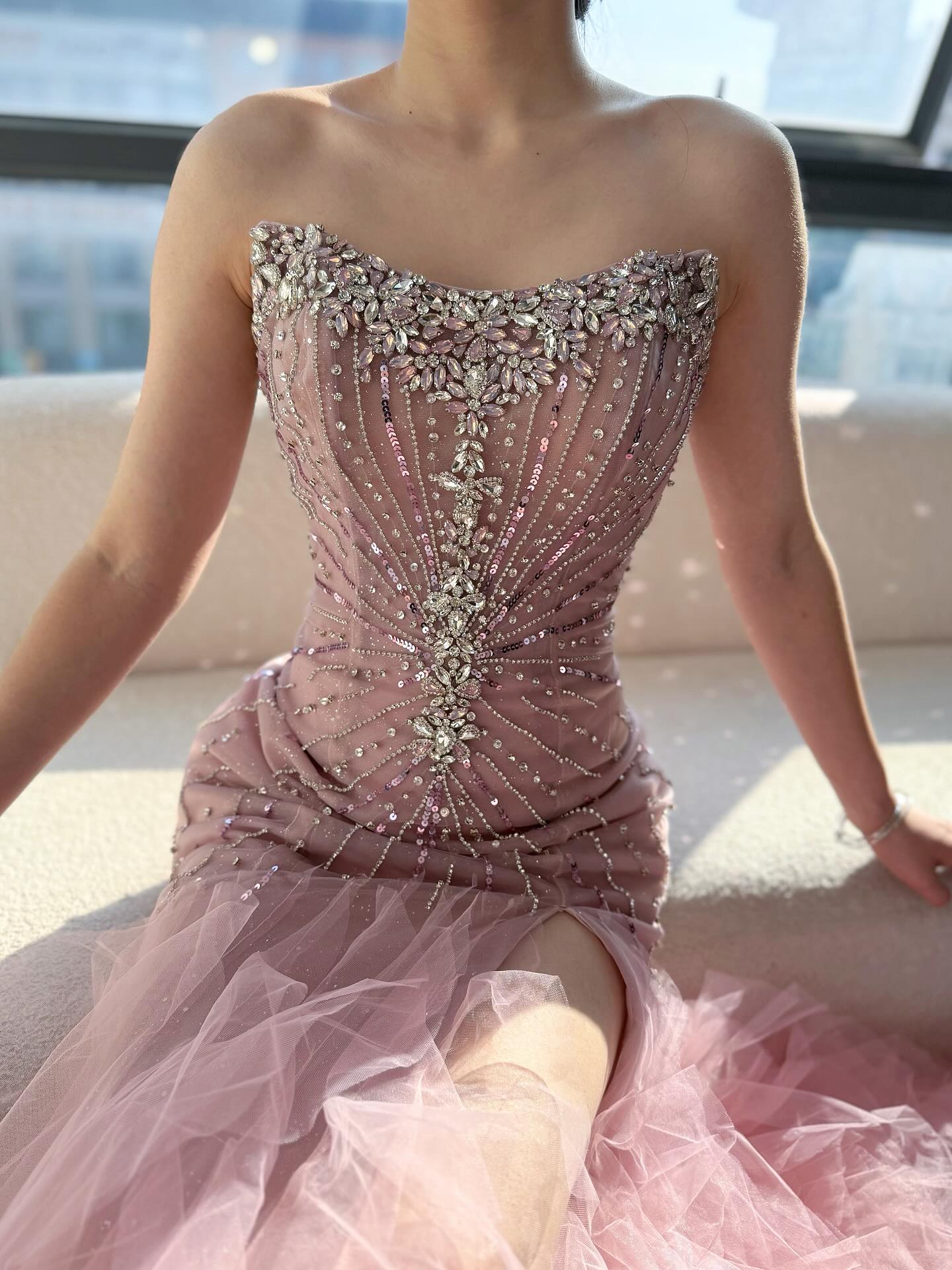 Luxury Pink Strapless Beaded Mermaid Evening Dress LA73430
