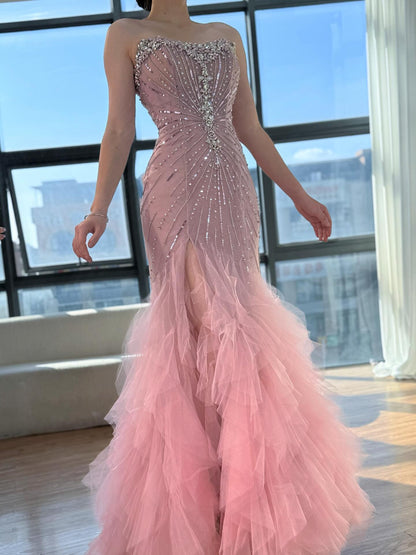 Luxury Pink Strapless Beaded Mermaid Evening Dress LA73430