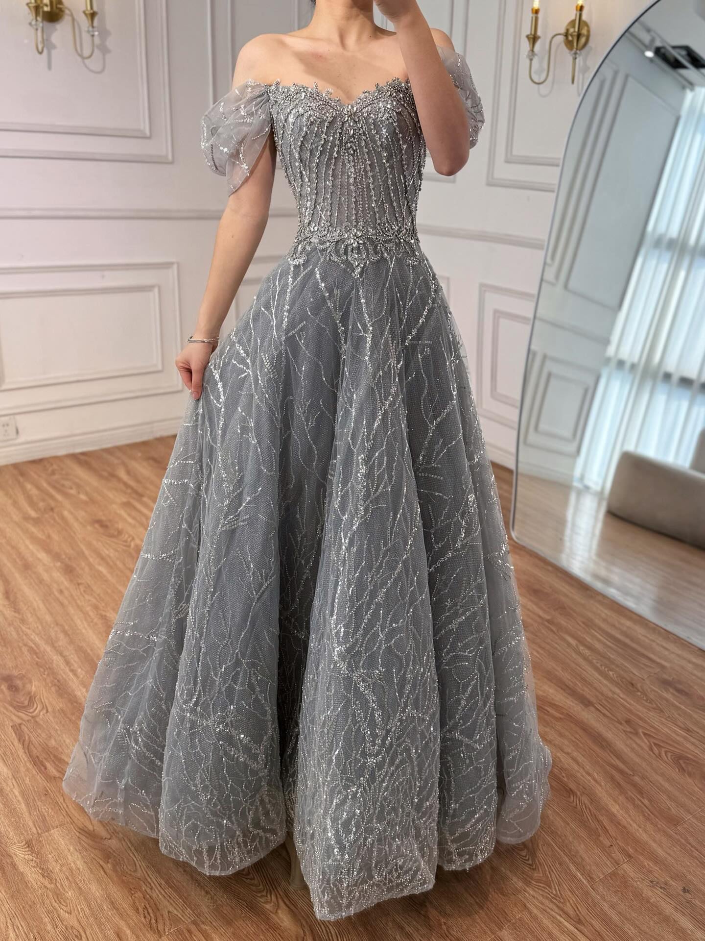 Serene Hill Luxury Grey Beaded A-Line Evening Dress LA73431A