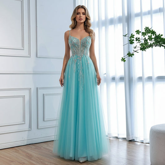 Luxury Blue Sleeveless Beaded A-Line Evening Dress LA73432