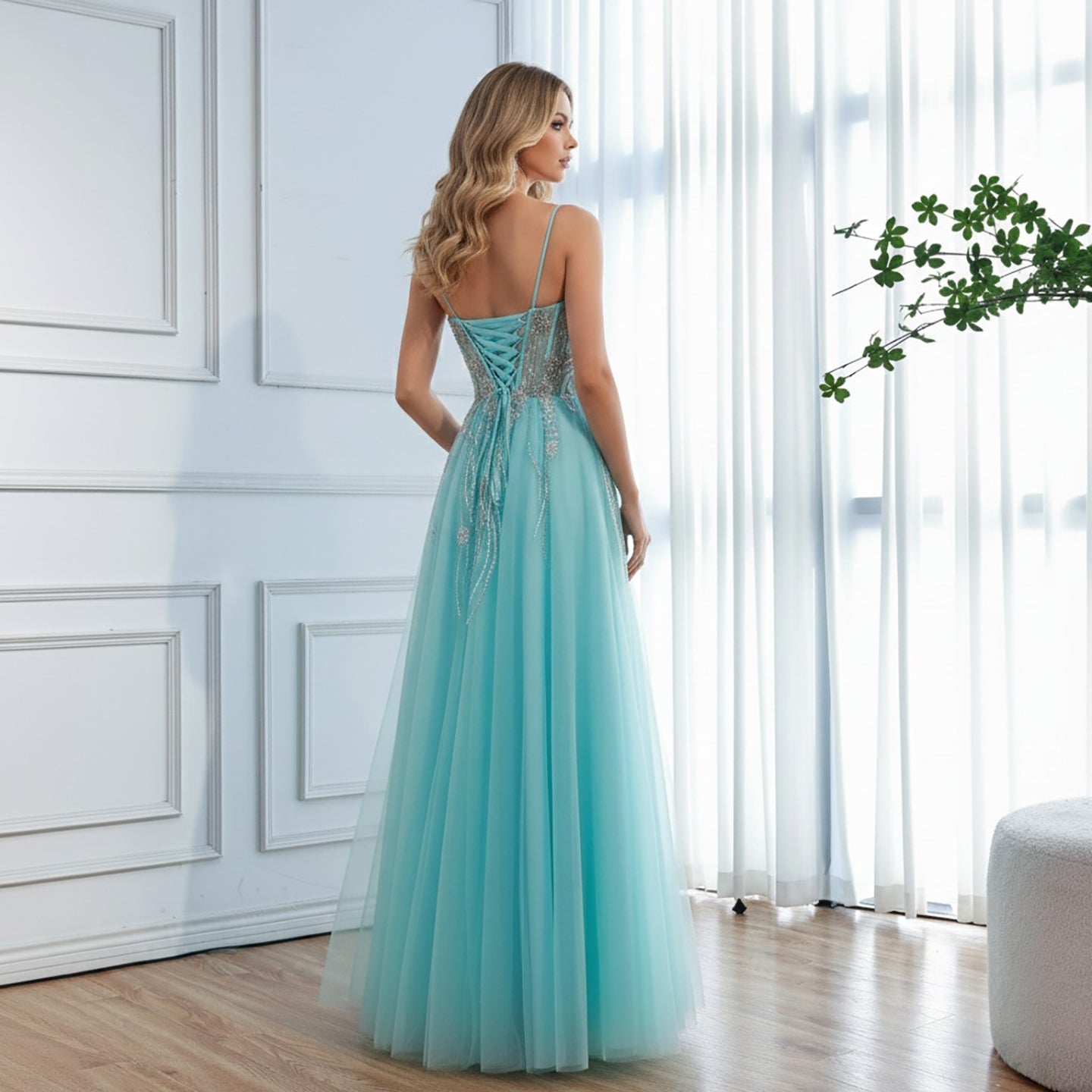Luxury Blue Sleeveless Beaded A-Line Evening Dress LA73432