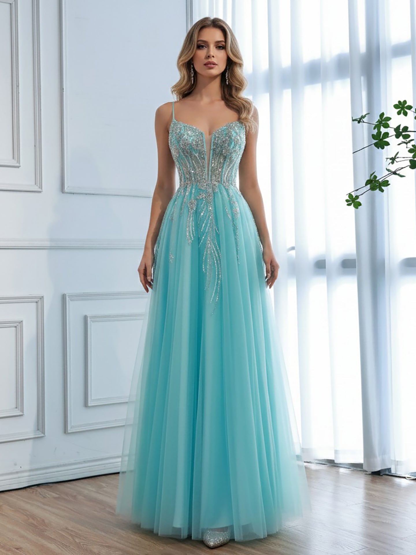 Luxury Blue Sleeveless Beaded A-Line Evening Dress LA73432