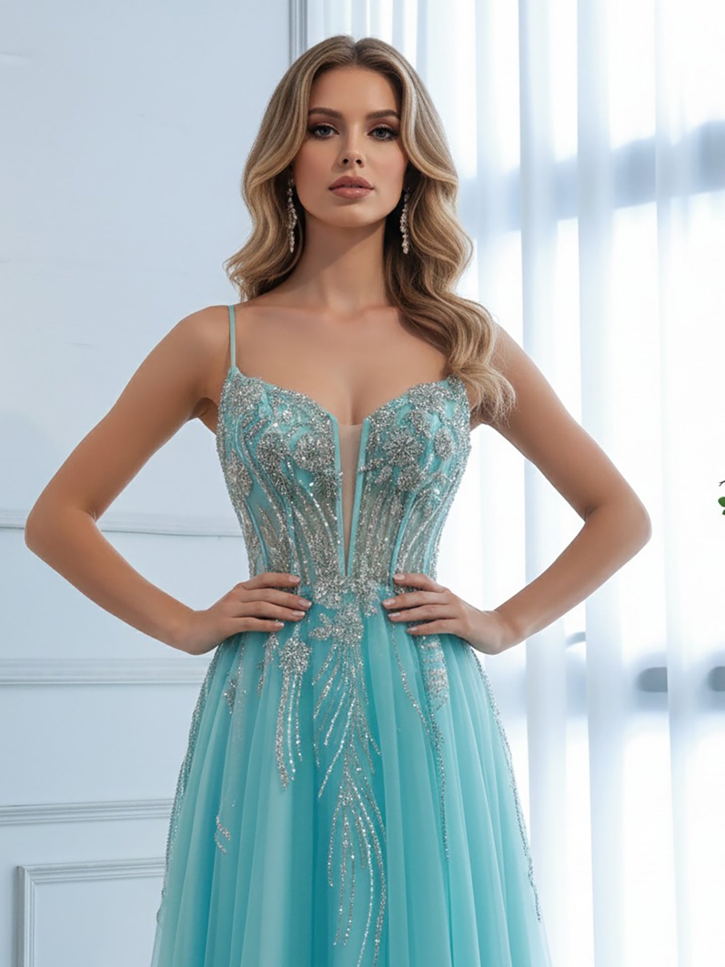 Luxury Blue Sleeveless Beaded A-Line Evening Dress LA73432