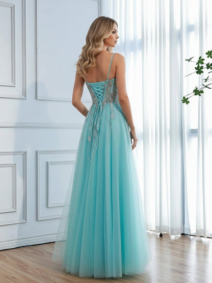 Luxury Blue Sleeveless Beaded A-Line Evening Dress LA73432
