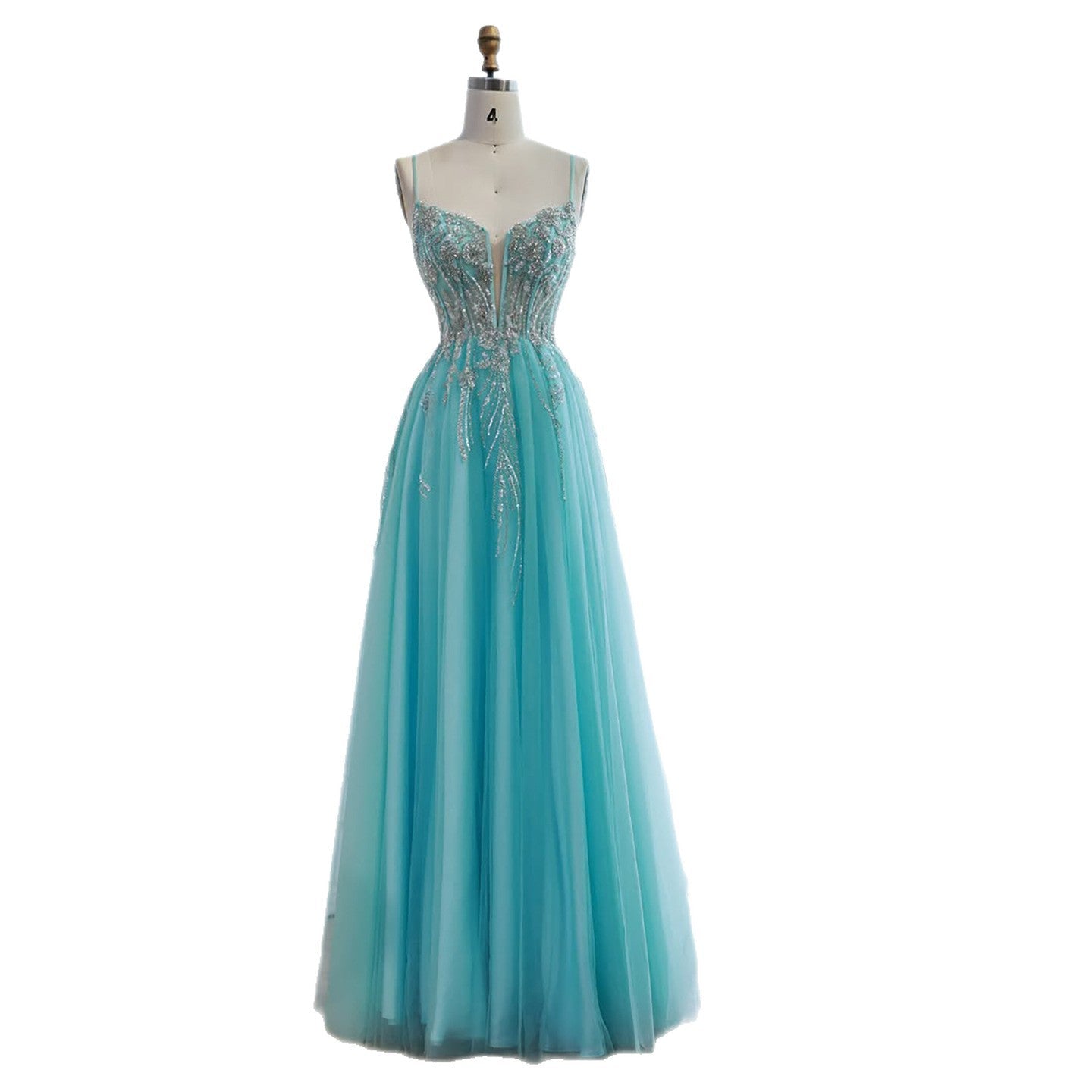 Luxury Blue Sleeveless Beaded A-Line Evening Dress LA73432